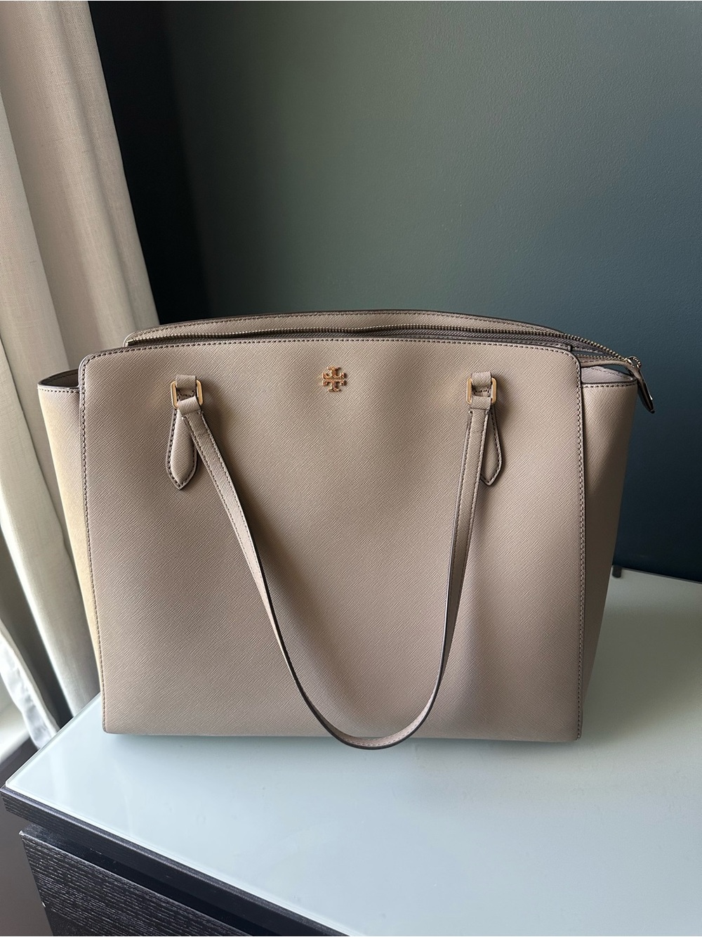 Tory Burch Emerson Grey Heron Leather Tote Bag
